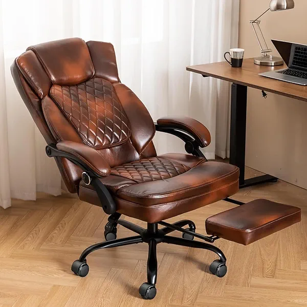 Ergonomic Office Chair with Footrest, Reclining Desk Chair with Leg Rest, Big and Tall Chairs 400 lbs Capacity, Executive Chairs PU Leather Chair, Work Chairs Coil Spring Thick Cushion | Brown