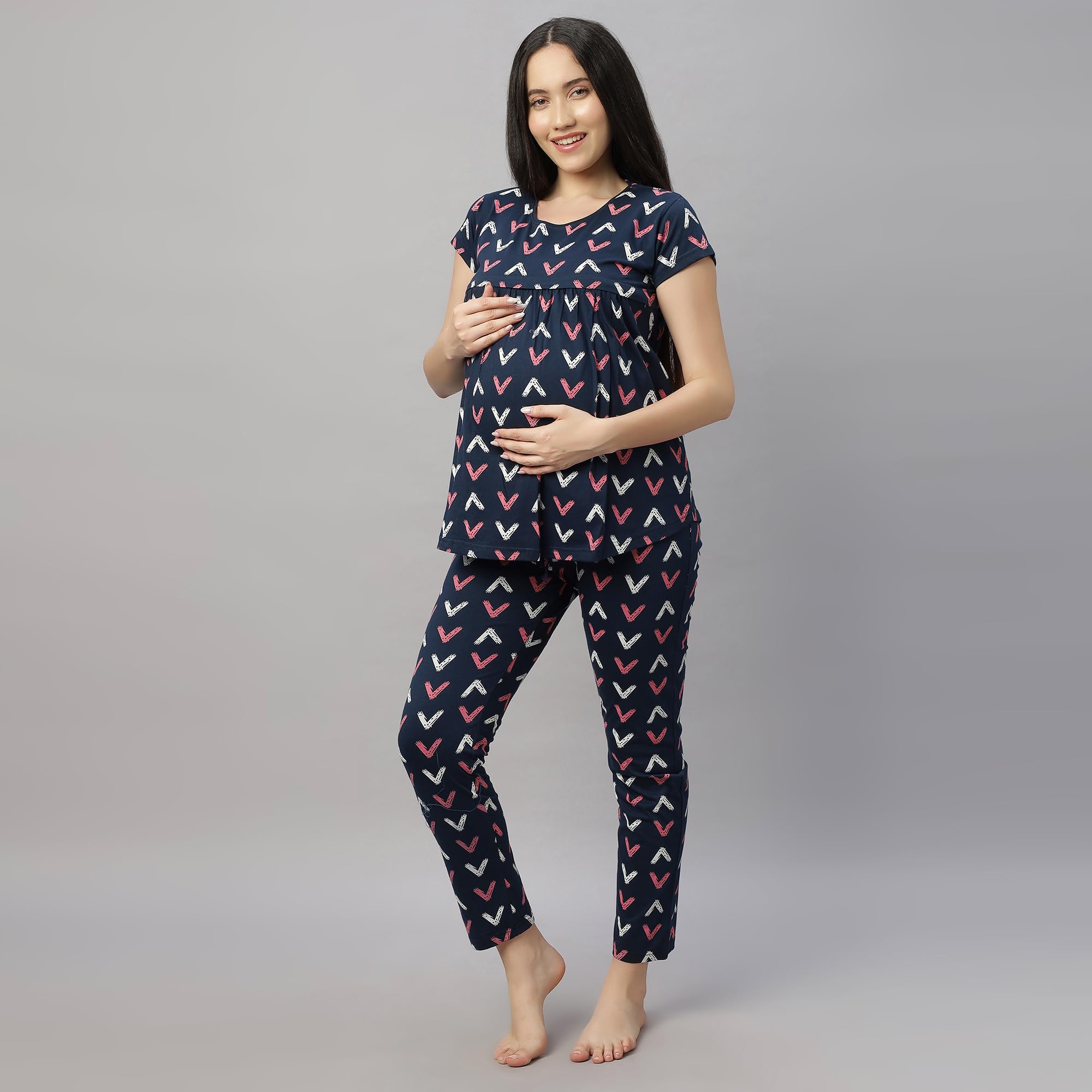 DZZO Cotton New Women's Printed Maternity Night Suit | Comfortable Feeding Night Dress | for Breathable Nursing Pajama Set | Color - Navy, Size - XL - Image 2 thumbnail
