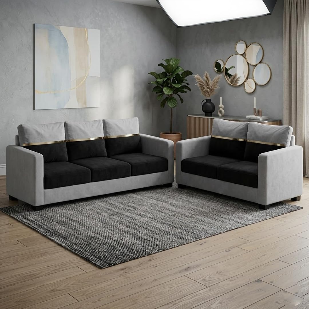 FURNY Hedstor 3 Seater + 2 Seater Fabric Sofa Set (Light Gray-Black) with Velvet Finish | Durable Comfort | Ideal for Living Room