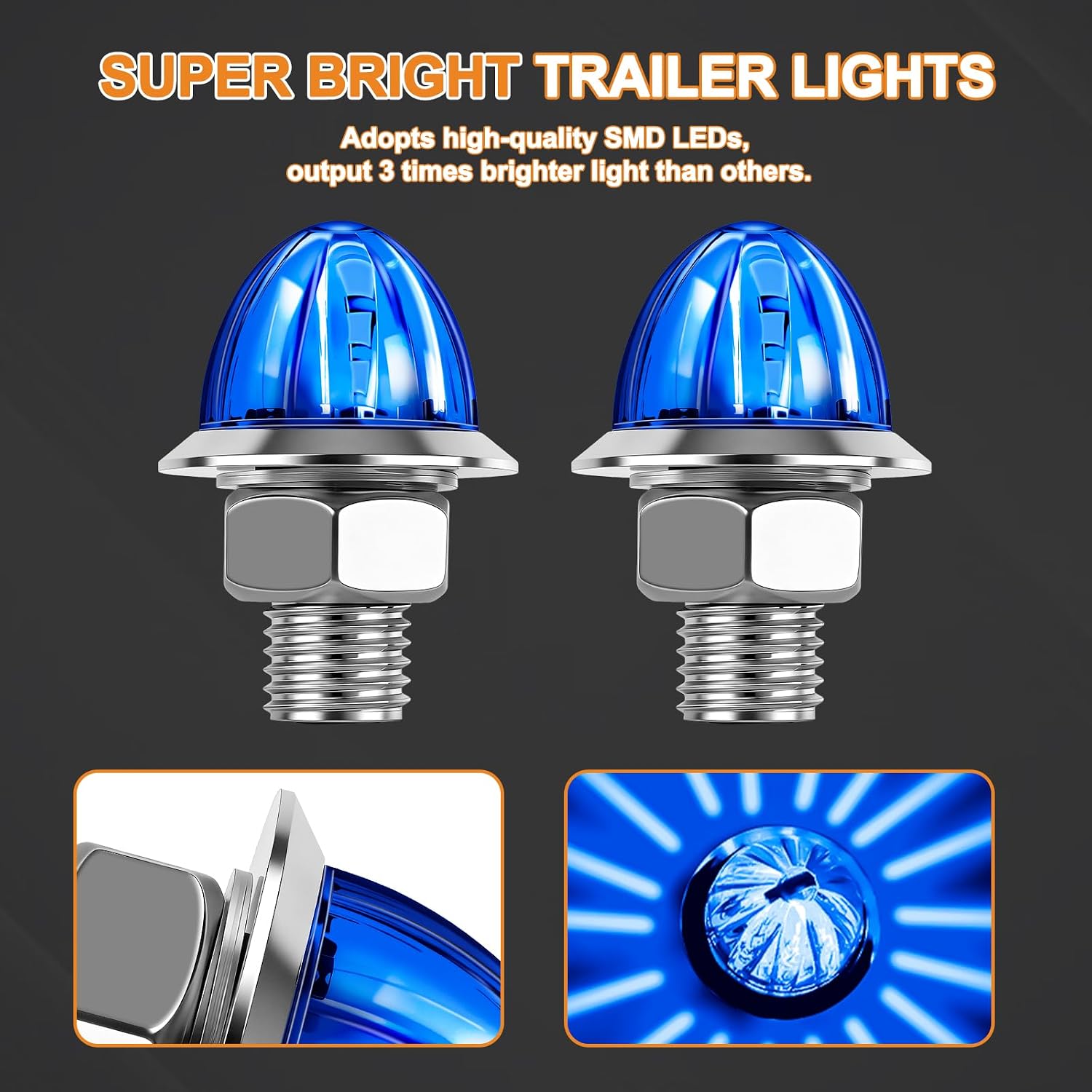 10 Pack 3/4" Blue LED Watermelon Side Marker Lights with Blue Housing, 12V-24V High-Low Brightness Clearance Marker Lamp, IP67 Waterproof for Truck Trailer RV, Chrome Bezel