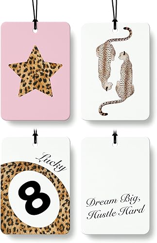Miniatura 15 de Ambientador de coche con estampado retro de guepardo, 4 piezas, estampado de leopardo, 8 bolas de la suerte, ambientador colgante para el hogar,