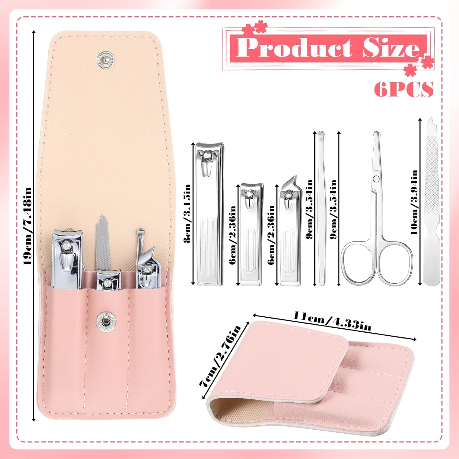 6 PCS Stainless Steel Travel Nail Clippers Manicure Kit, Professional Nails Clipper Set Travel Nail Kit for Women Men Grooming Set with Nails Care Tools Beauty Scissors Ear Pick (Silver Pink)