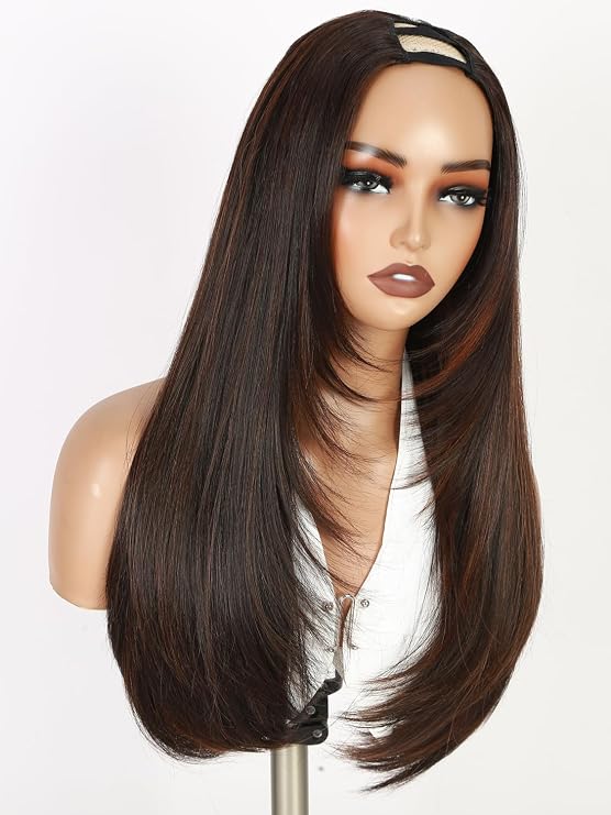 WIGNEE 24 Inch Long Straight U Part Wig Highlight Brown Layered Half Wig