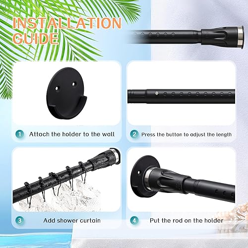 Miniatura 6 de Barra de cortina de ducha, 42 a 100 pulgadas, barra de cortina de ducha de tensión negra, sin perforaciones, varillas de ducha ajustables para baño,