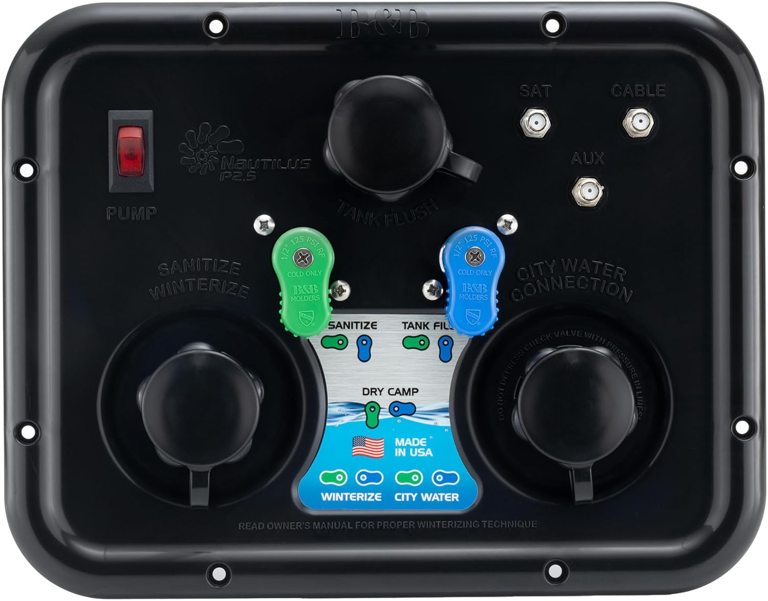 RecPro RV Water Management Panel | Nautilus P2.5 | 7-Function City-Water Fill | Made in America (Black)