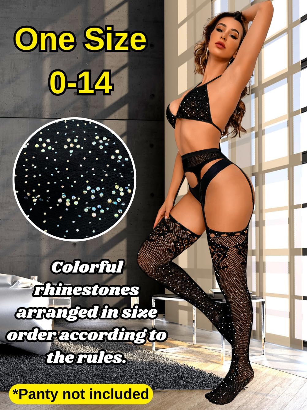 ChiaoLezhee Glitter Rhinestone Lingerie, Sparkly Tights, Fit 0-14, Womens Exotic Bodystocking Mesh Stockings Wear Dancer