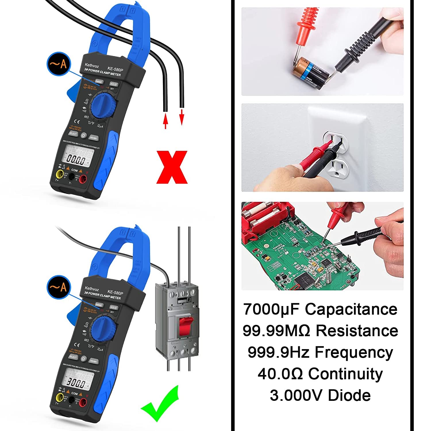 Pinza Amperometrica Multimetri 1000A, Kethvoz Monofase/Trifase a 3/4 Fili Multimetro Digitale Professionale Misura CC/CA Tensione AC/DC Corrente Fattore di Potenza Angolo di Fase 580P