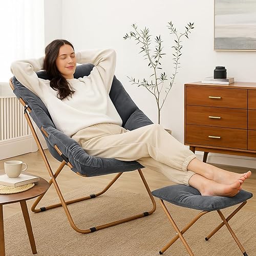 Miniatura 4 de Magshion Silla cuadrada plegable de gran tamaño con platillo de luna para adultos con reposapiés otomano, silla grande y acogedora para dormitorio,