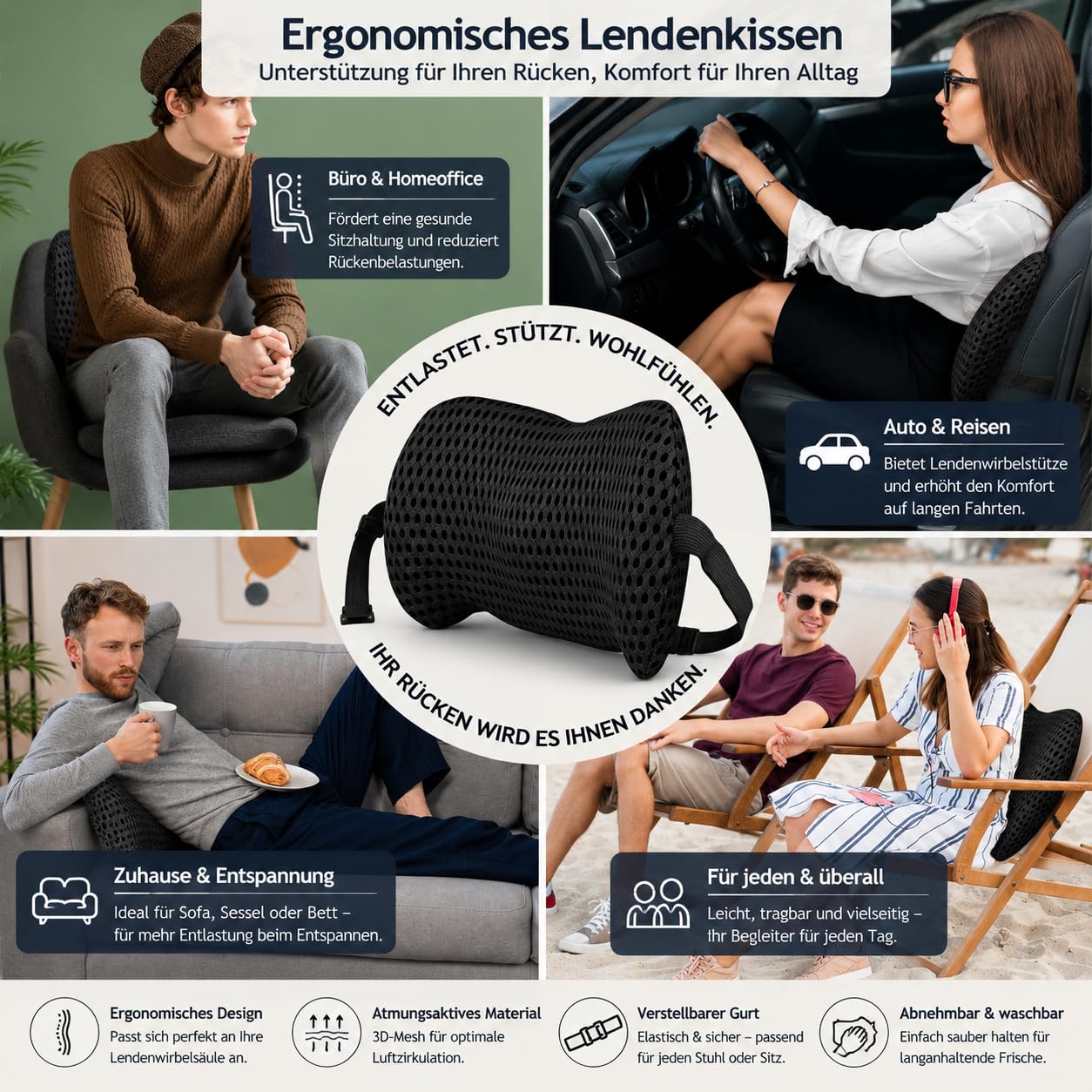 Generisch Lendenkissen,Memory Schaum Lordosenstütze Kissen,Ergonomisches Lendenwirbelkissen Stuhl Rückenstützkissen Lendenwirbelstütze für Auto,Lendenwirbelstütze,Bett,für Sofa,Rückenkissen,Bürostuhl