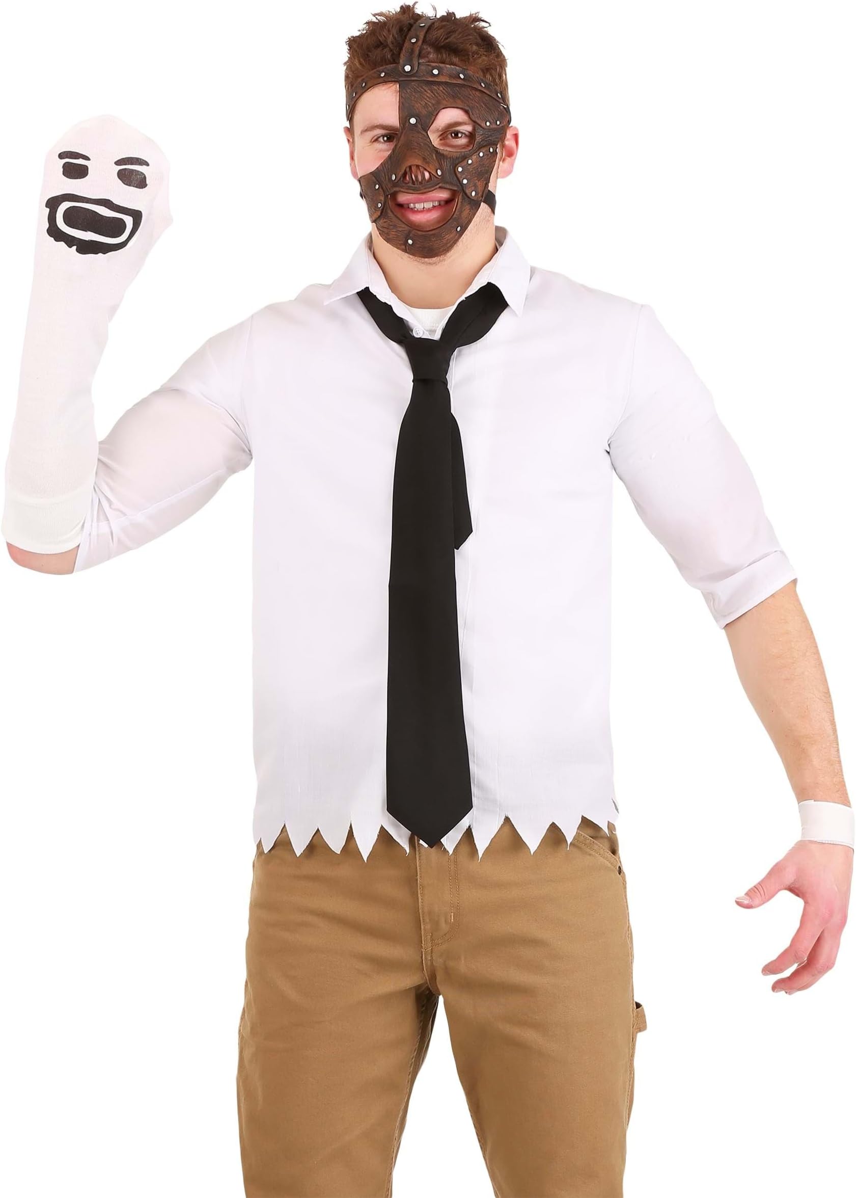 Scary WWE Mankind Costume Collared Shirt, Necktie, Vinyl Mask & Sock Puppet Glove