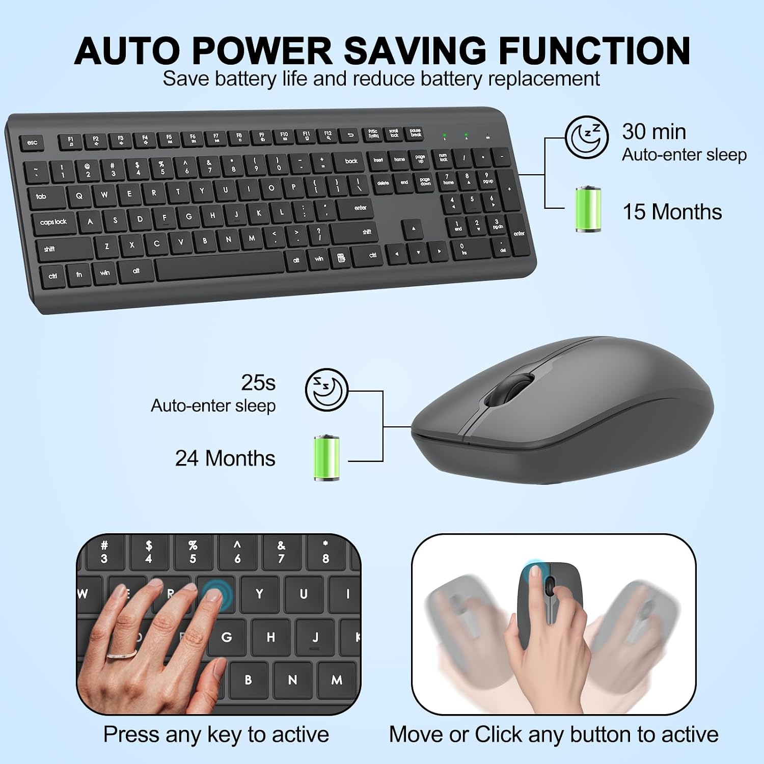 Wireless Keyboard and Mouse Combo, Full-Size Silent Ergonomic Keyboard and Optical Mouse, Long Battery Life, 2.4G Lag-Free Mice Keyboard for Computer,Mac,Laptop,PC,Windows(Gray) image 3