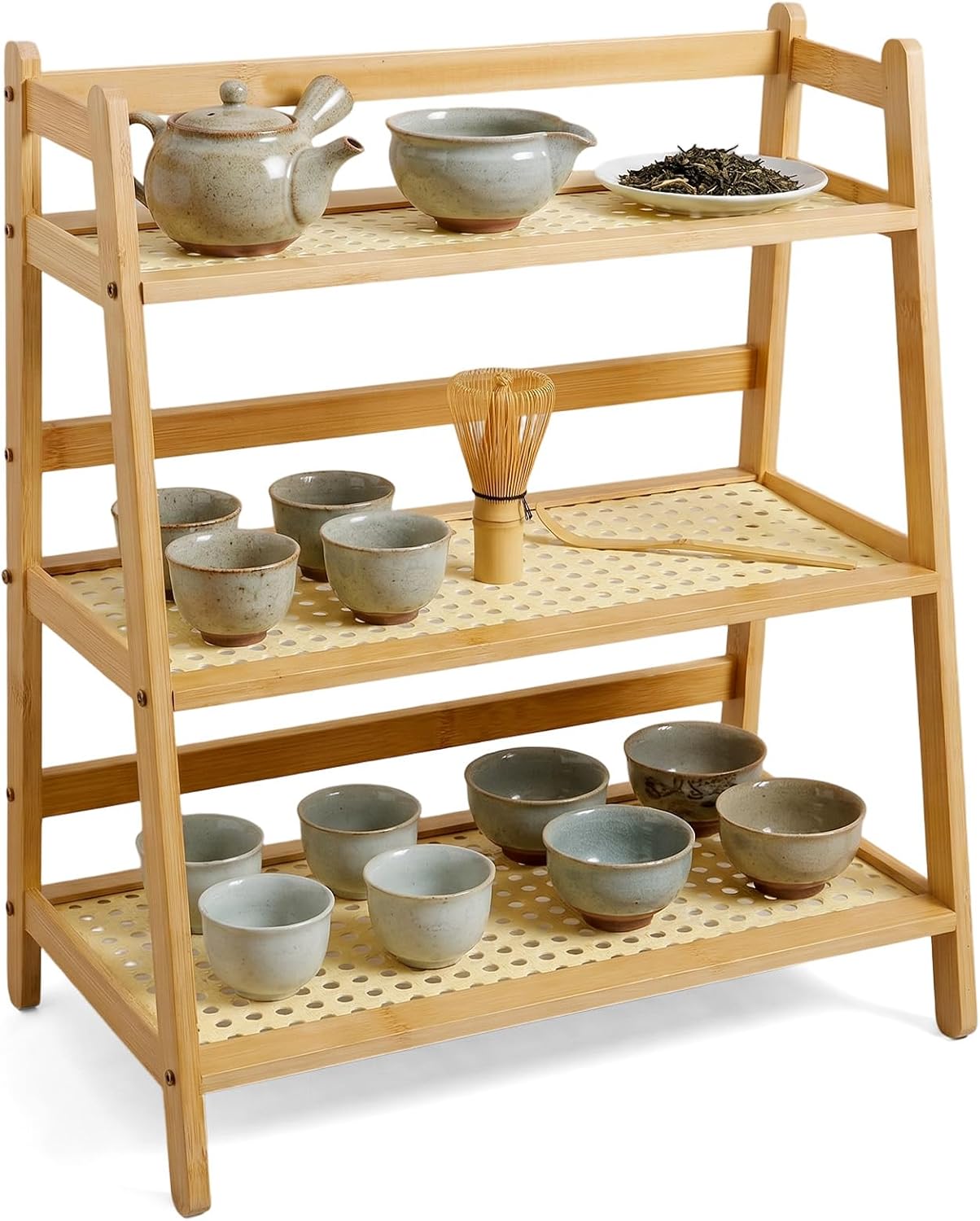 MAQUITA Bamboo Matcha Station Racks, 3-Tier Coffee Mug Station Organizer with Rattan Look, Countertop Storage Rack for Tea Accessories, Cup Holder Display Stand for Kitchen, Home, Office