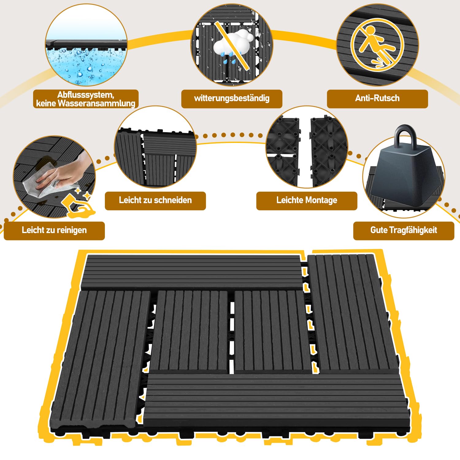 Gimisgu Baldosas para terraza de WPC, 30 x 30 cm, juego de 66 para 6 m², azulejos de balcón con sistema de clic, suelo para balcón, terraza, resistente a la intemperie con drenaje, antracita