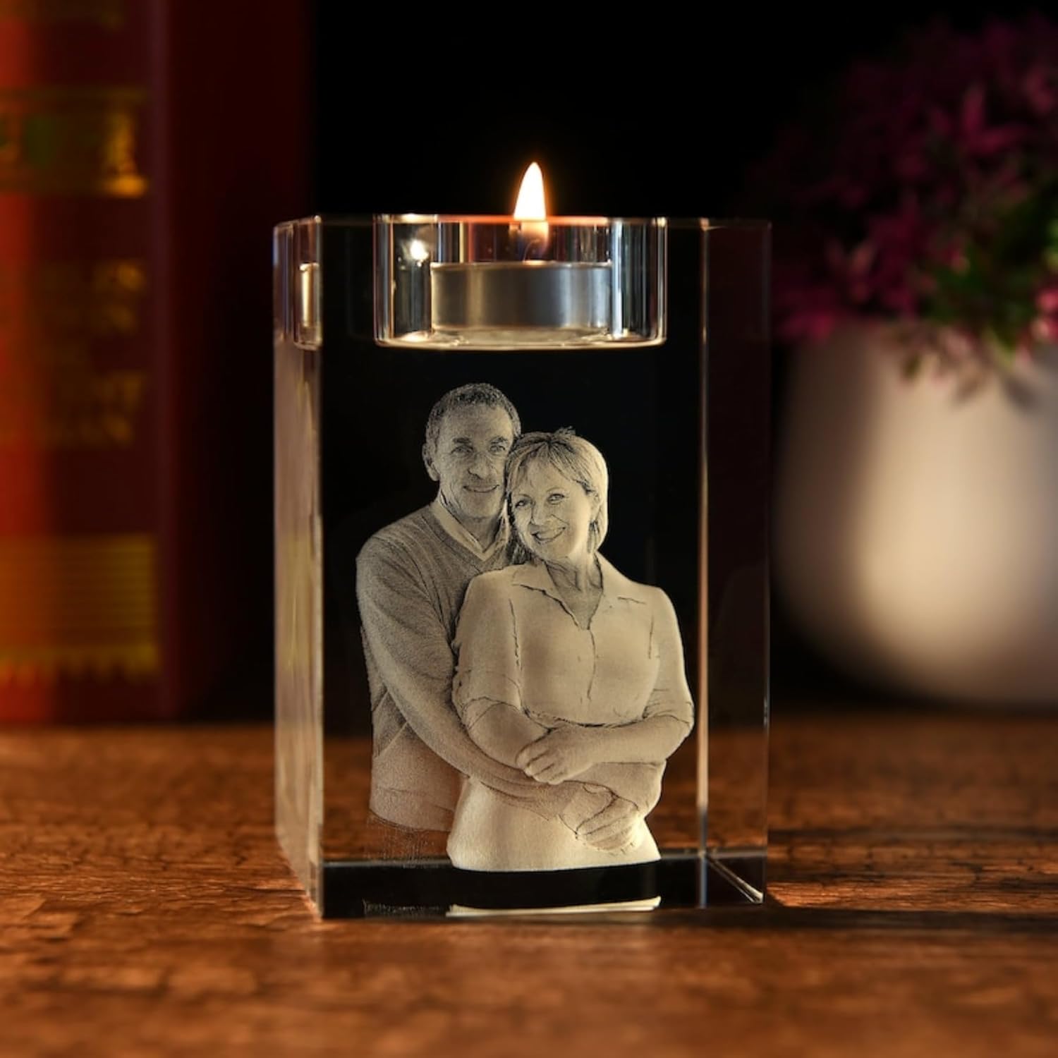 Personalized Photo Engraved Crystal Candelabra 3D Memorial Candle Laser Photo Glass Candle Holder Funeral Memorial Candle Photo Personalized (5x5x12cm)