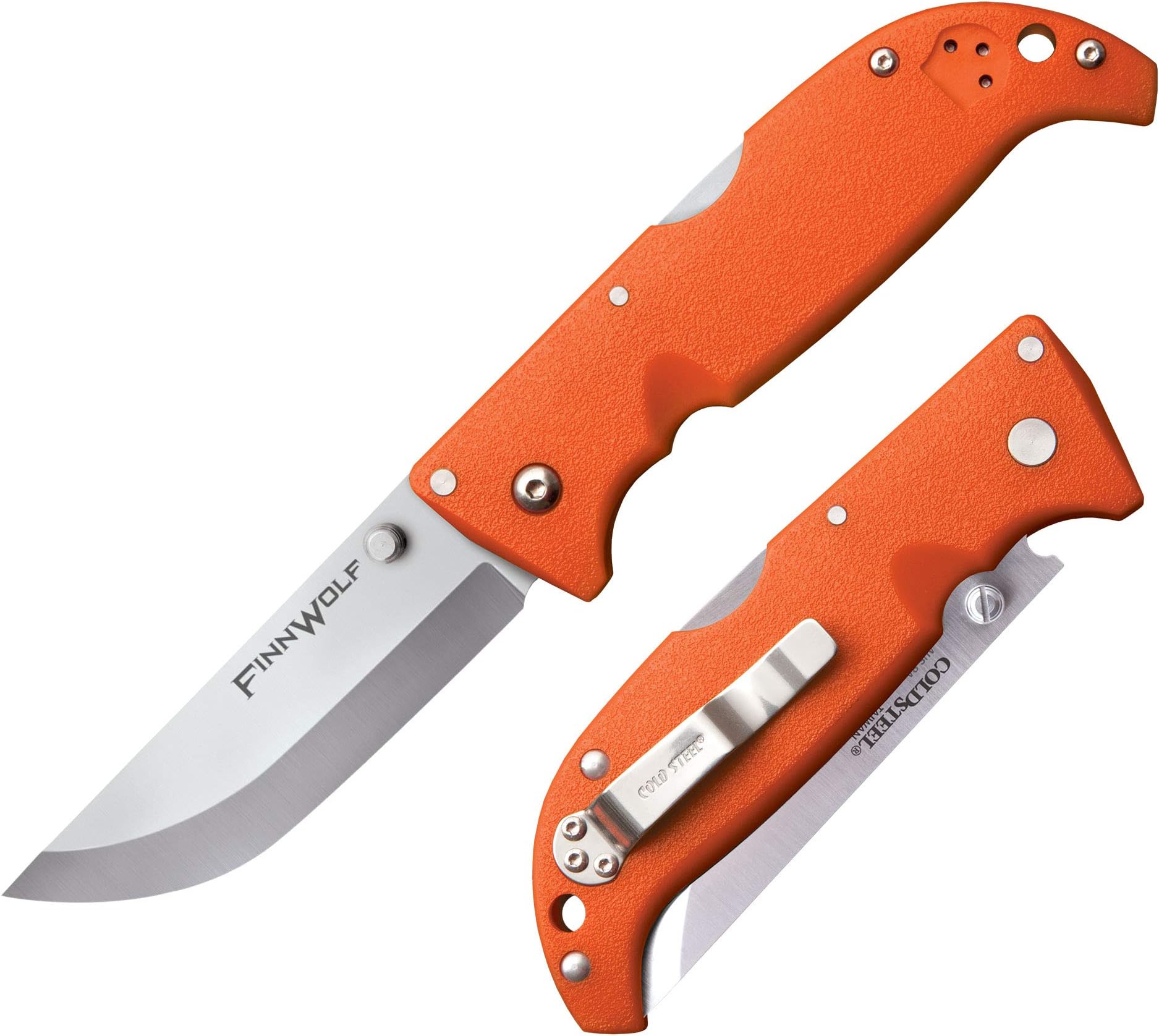 Finn Wolf 3.5in AUS8A Razor-Sharp Straight Back Blade 4.375in Griv-Ex Blaze Orange Handle Hunting Folding Knife, Boxed