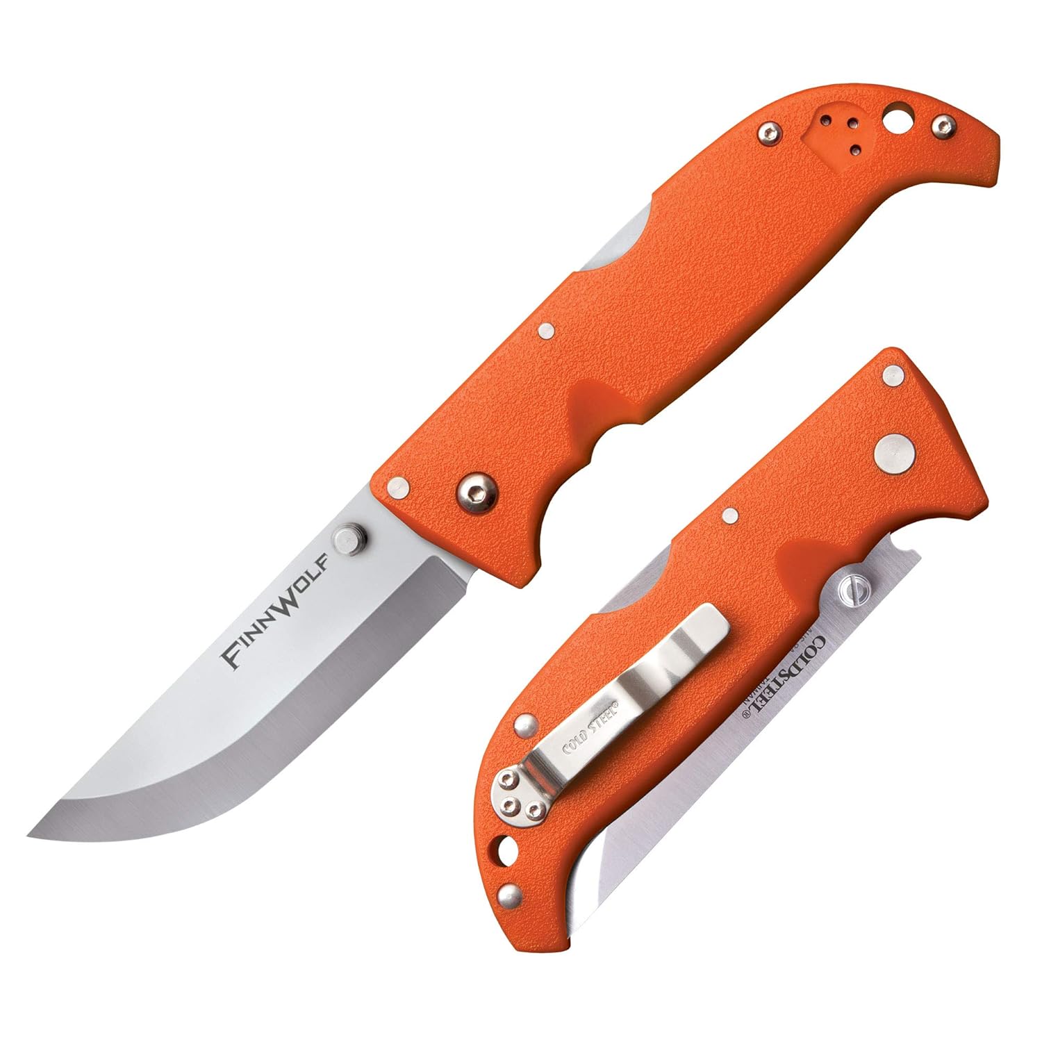 Chilly Metal Finn Wolf 3.5in AUS8A Razor-Sharp Straight Again Blade 4.375in Griv-Ex Blaze Orange Deal with Searching Folding Knife, Boxed