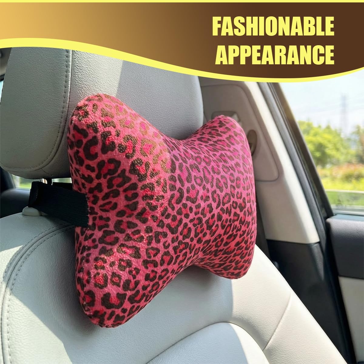 2PCS Leopard Car Headrest Pillow, Soft Breathable Plush Car Neck Support Pillow with Elastic Strap, Comfortable Ergonomic Auto Interior Head Rest Cushion for Pressure Relief (Pink) image 5