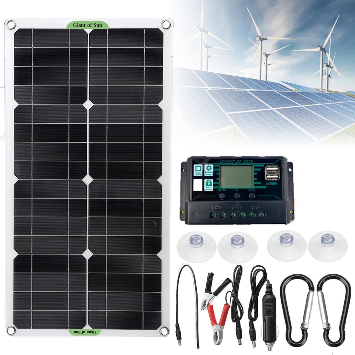 Kit De Panel Solar De 250/500W - Controlador 10/20/30A, Panel Solar Monocristalino, Con 4 Ventosas Y 2 Mosquetones, USB Dual, Para Carga De Batería De 12V/24V,10Acontroller-250W