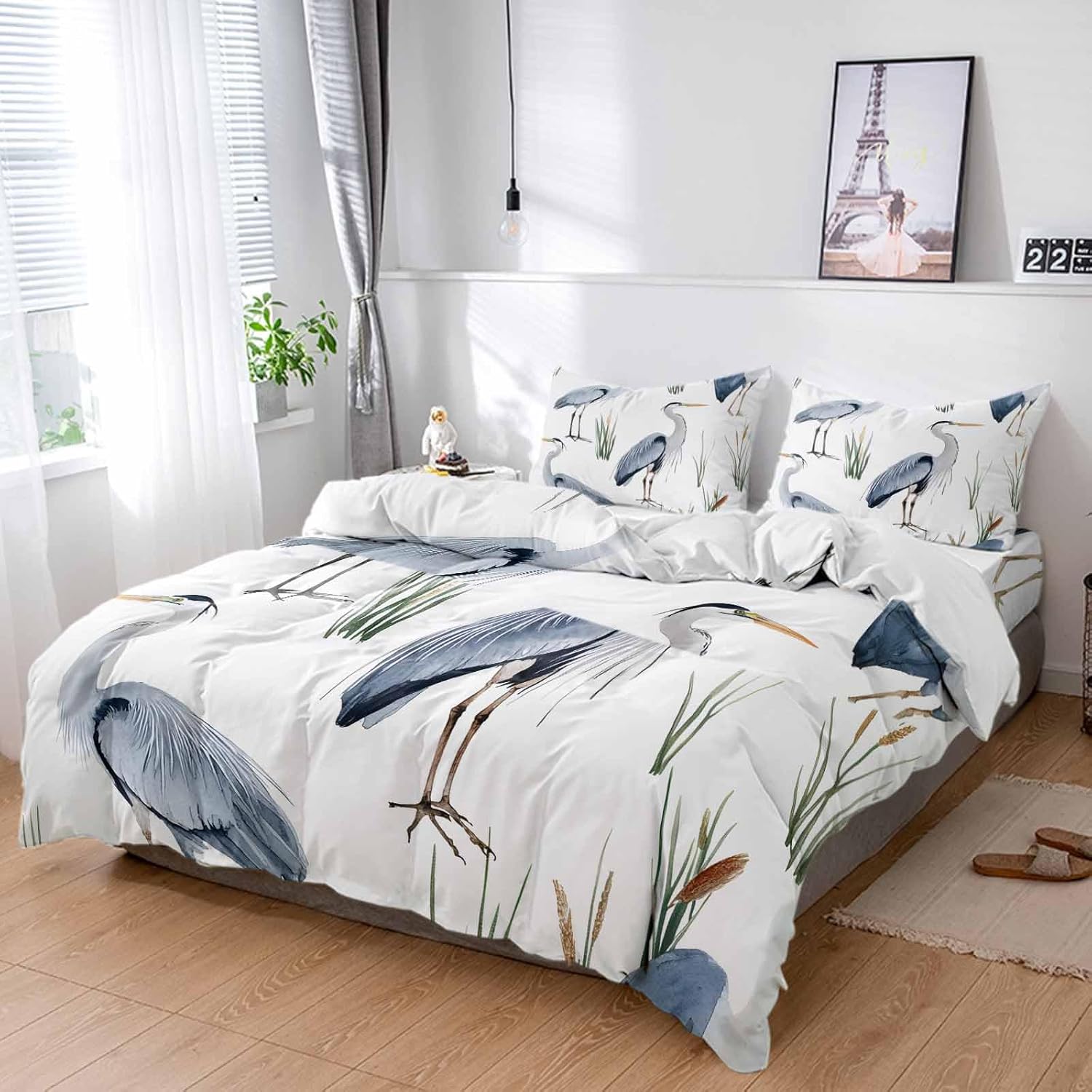 Duvet Cover Set-4 Pieces Cal King Bedding Sets Sea Bird Seabird Heron on White,Ultra Soft Microfiber Comforter Cover with Pillow Shams Bed Flat Sheet for Bedroom Decor Long-beaked Heron