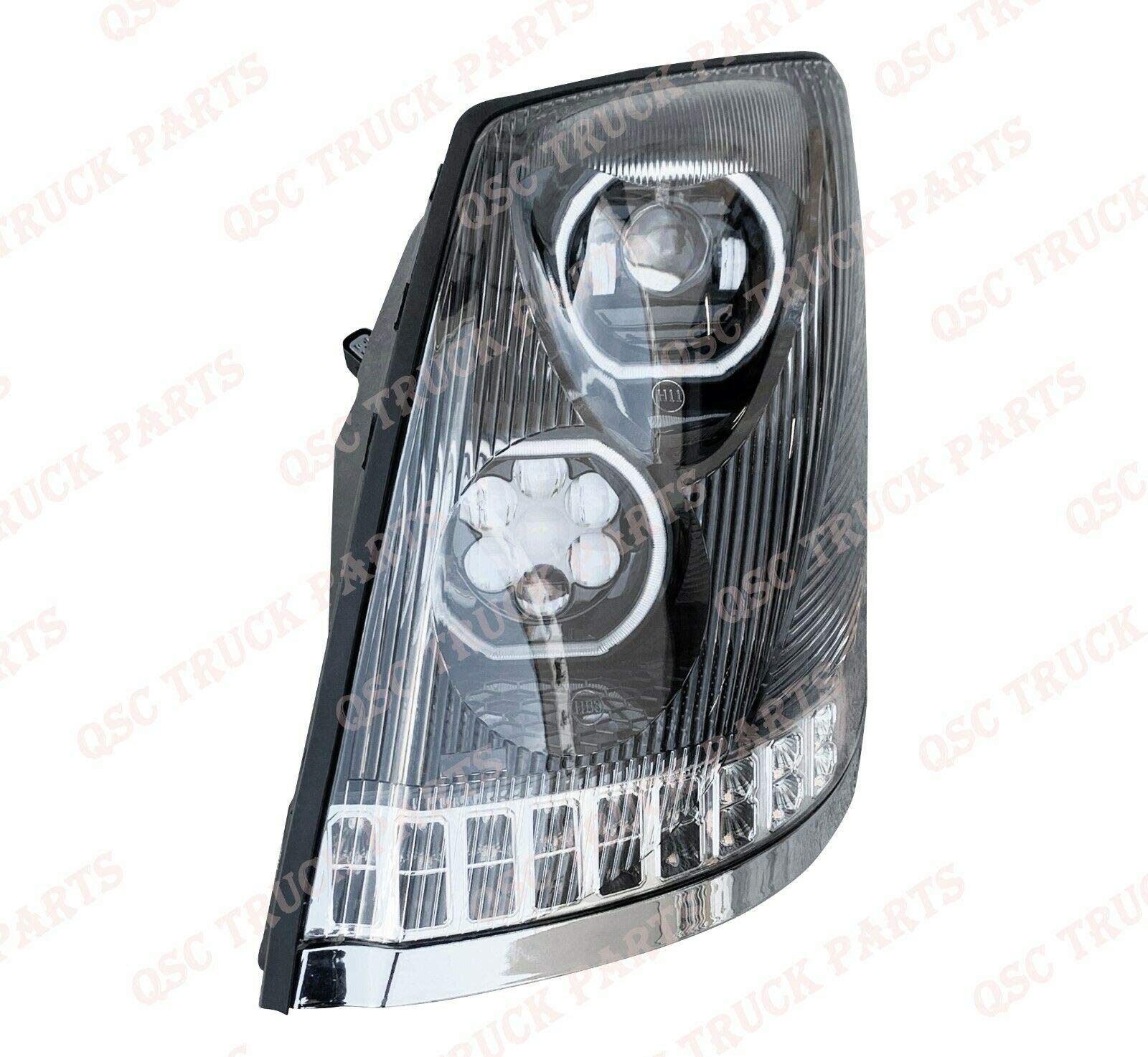 QSC Truck Parts Full LED Performance Black Headlights w/Sequential Turn Signals + LED Fog Light LH RH Set Compatible with Volvo VNL 04-17