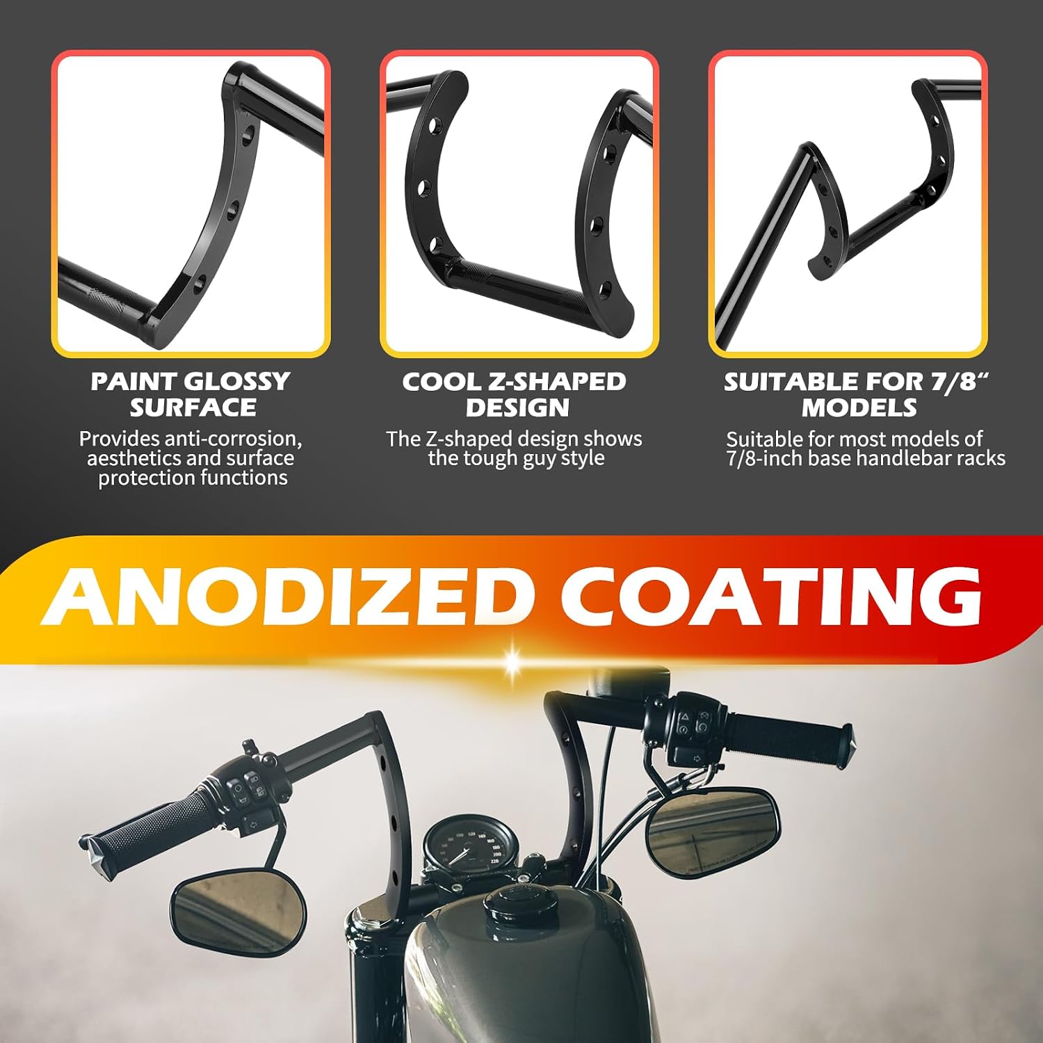 DREAMIZER 7/8 Motorcycle Handlebars Z Bars 22mm Motorcycle Handle Bars For Custom Bobber Chopper Cruisers Softail Dyna Sportster - Black