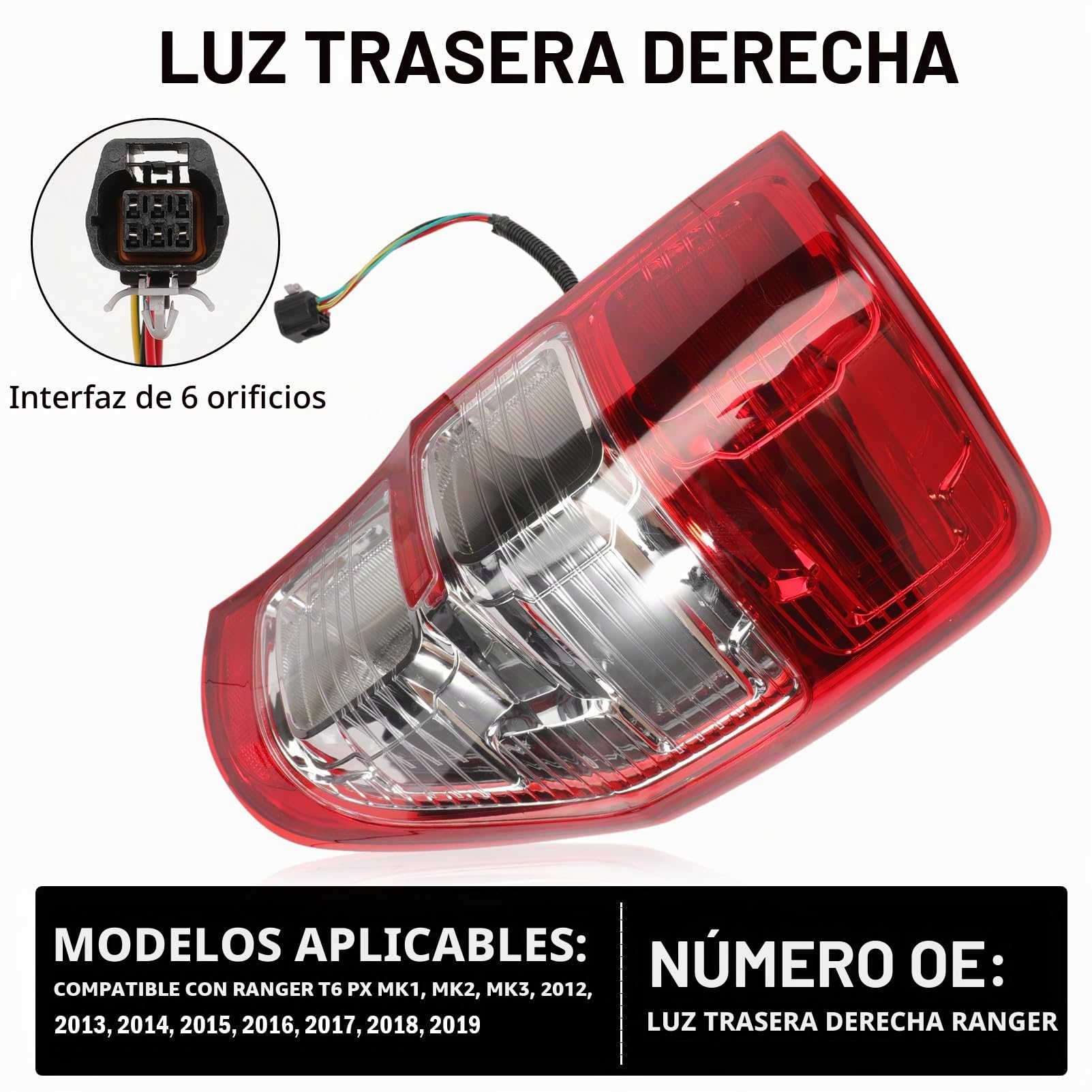 Piloto Trasero Derecho para Ford Ranger T6 2012-2021 | Faro Trasero Lado Pasajero Ranger T6 PX MK1 MK2 MK3 2012-2021 Montaje Luz Trasera LED Directo Plug and Play