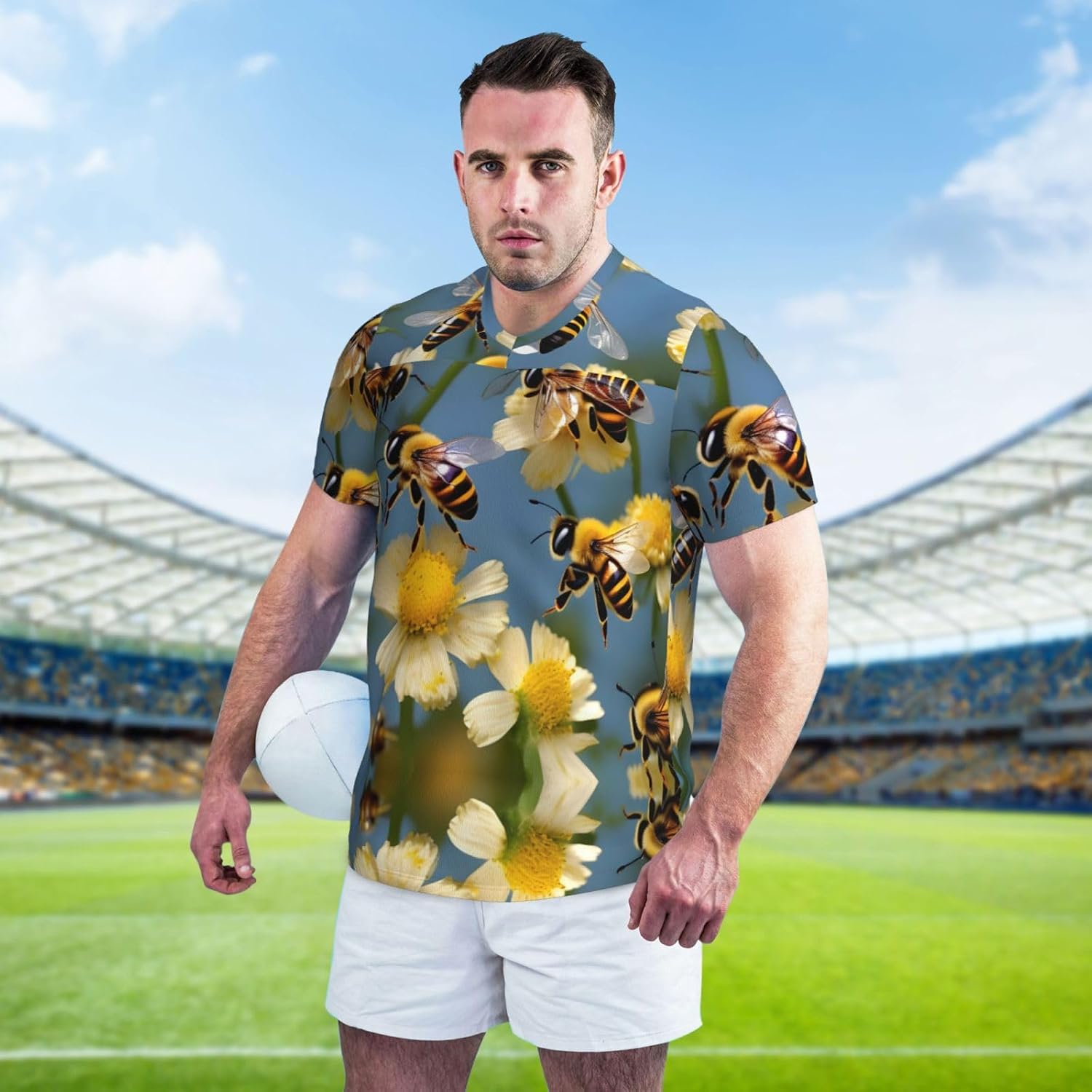Bee Flying Rugby Football Jersey for Men, Comfortable V-Neck Loose Fit Top for Team Sports Athletics