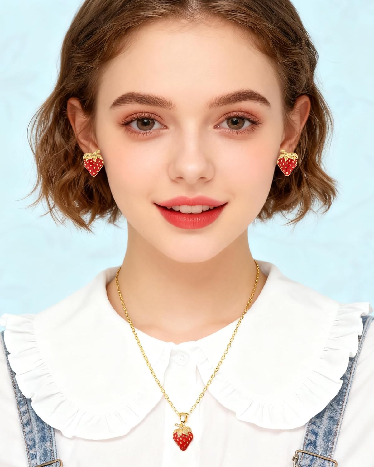 Strawberry Jewelry Set for Women Dainty Red Strawberry Pendant Necklace Exquisite Gold Leaf Red Straw-berry Stud Earrings Fun Sweet Fruit-Themed Jewelry Accessories Gifts for Her - Image 3