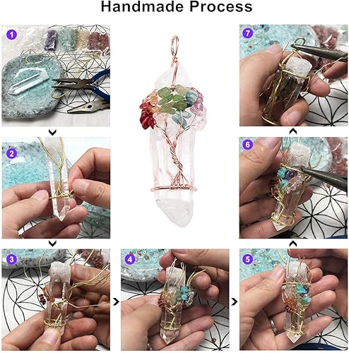 Miniatura 4 de Jovivi Paquete 2 artículos Collar de cuarzo transparente natural envuelto en alambre de árbol de la vida con piedras preciosas de chakras para