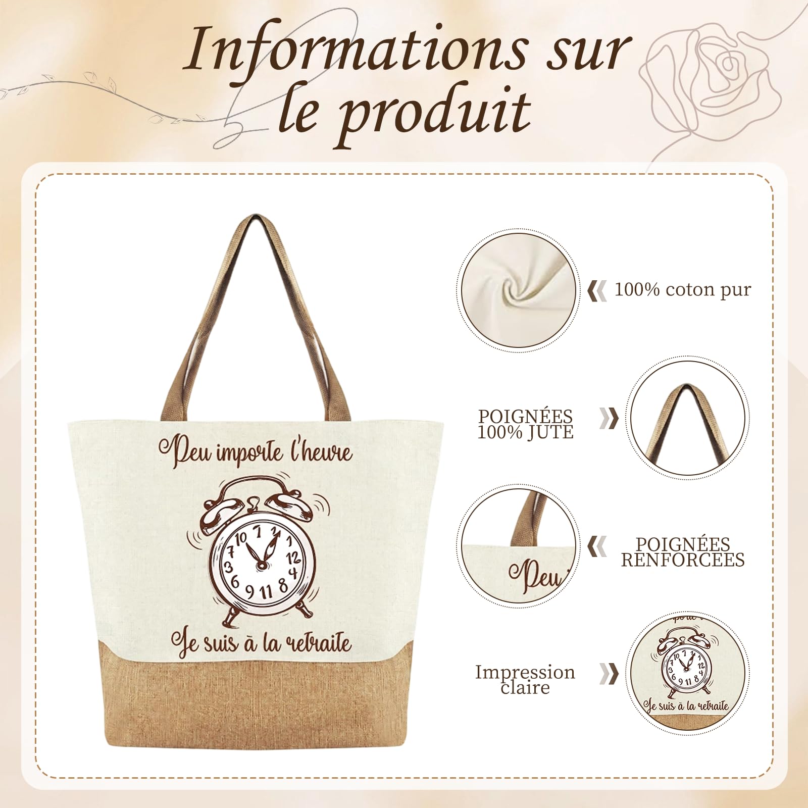 Sac Cabas Toile Robuste Porte-Clés Cadeau Retraite Femme