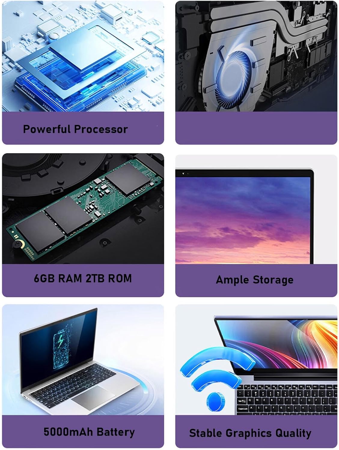 15.6" Portable Laptop, Notebook Computer with 6GB RAM, 2TB ROM, 5000mAh Battery, Built in HD Webcam, Microphone, Support Touchpad and Fingerprint (US Plug)