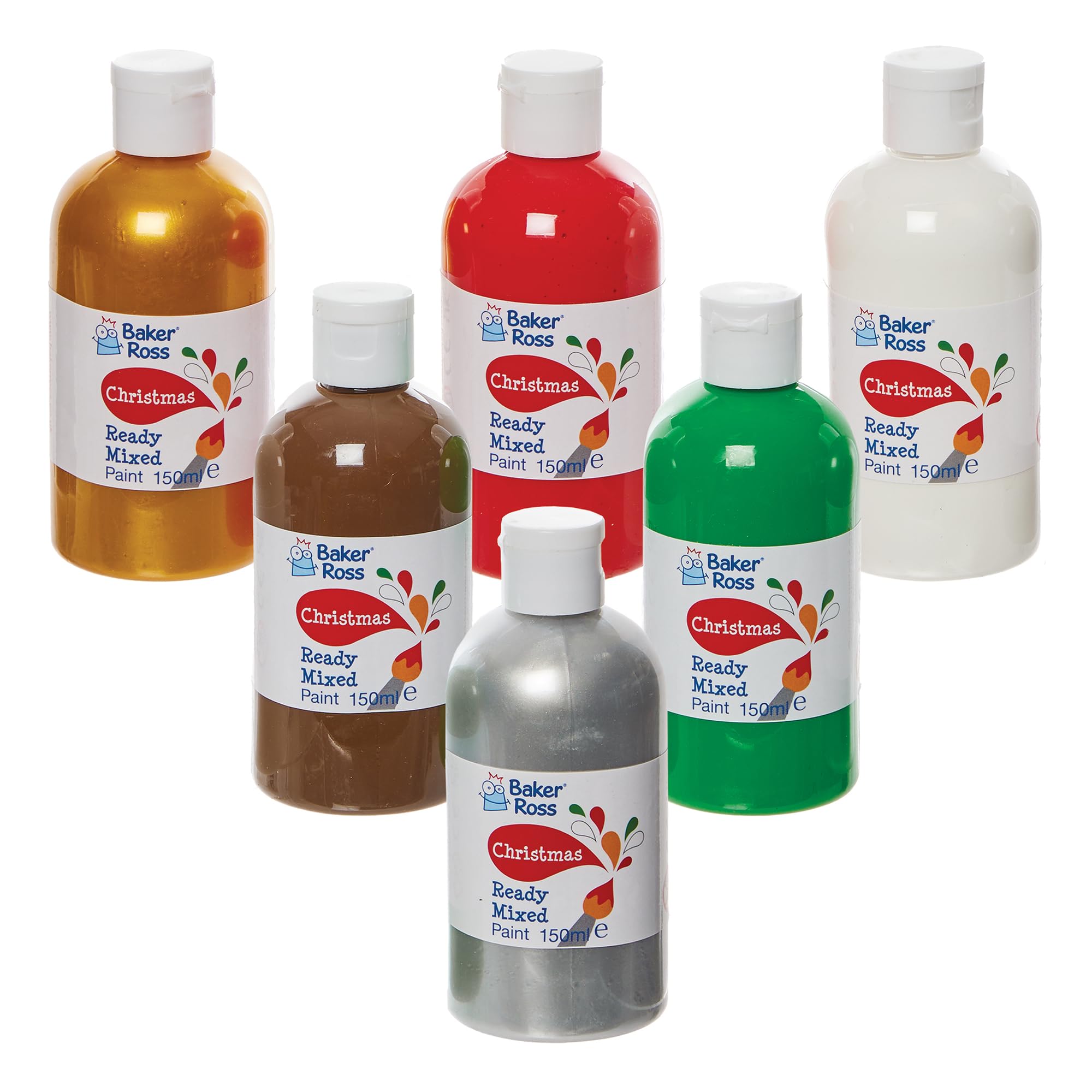 Baker Ross FN241 Christmas Ready Mix Poster Paint Pack 150ml - Box of 6, Paint Value Pack of Bottles, Paint for Kids