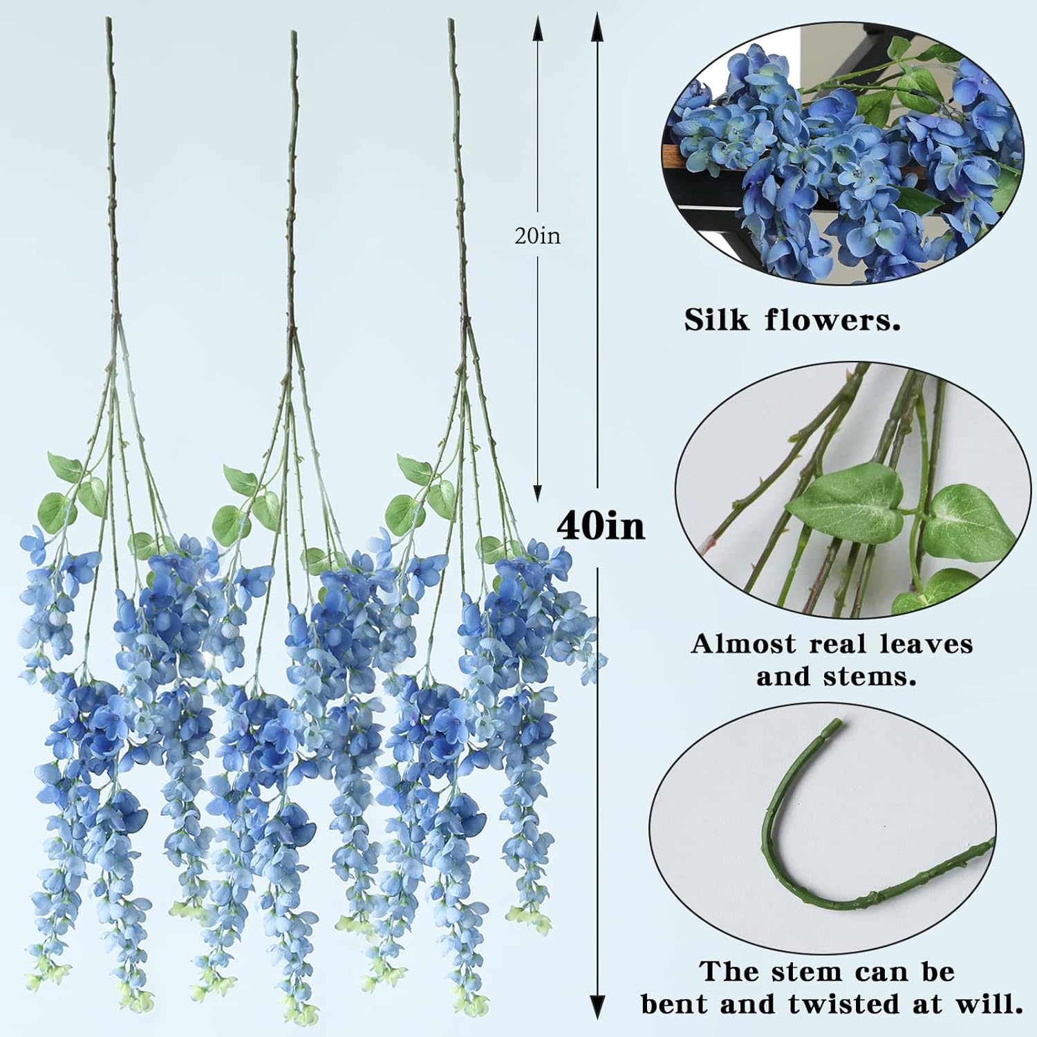 Dailisen 3 Strands 40'' Silk Blue Wisteria Artificial Flowers, Fake Wisteria Floral Hanging Plant Garland, for Home Decor, Party, Floor Vase, Balcony, Wedding Arrangement Decoration (Blue)