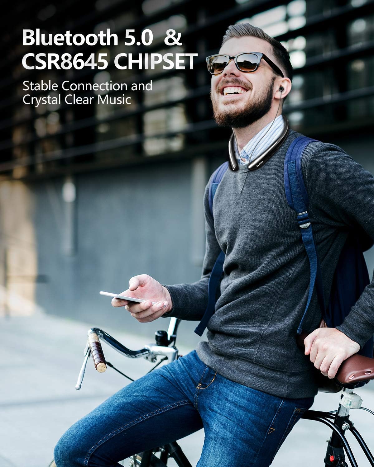 Bluenin BBH-919s Bluetooth Headphones,Bluetooth Wireless Neckband Headphones with Retractable Earbuds,Sports Sweatproof Headset CVC 8.0 Noise Cancelling StereoEarphoneswithMic (Black)