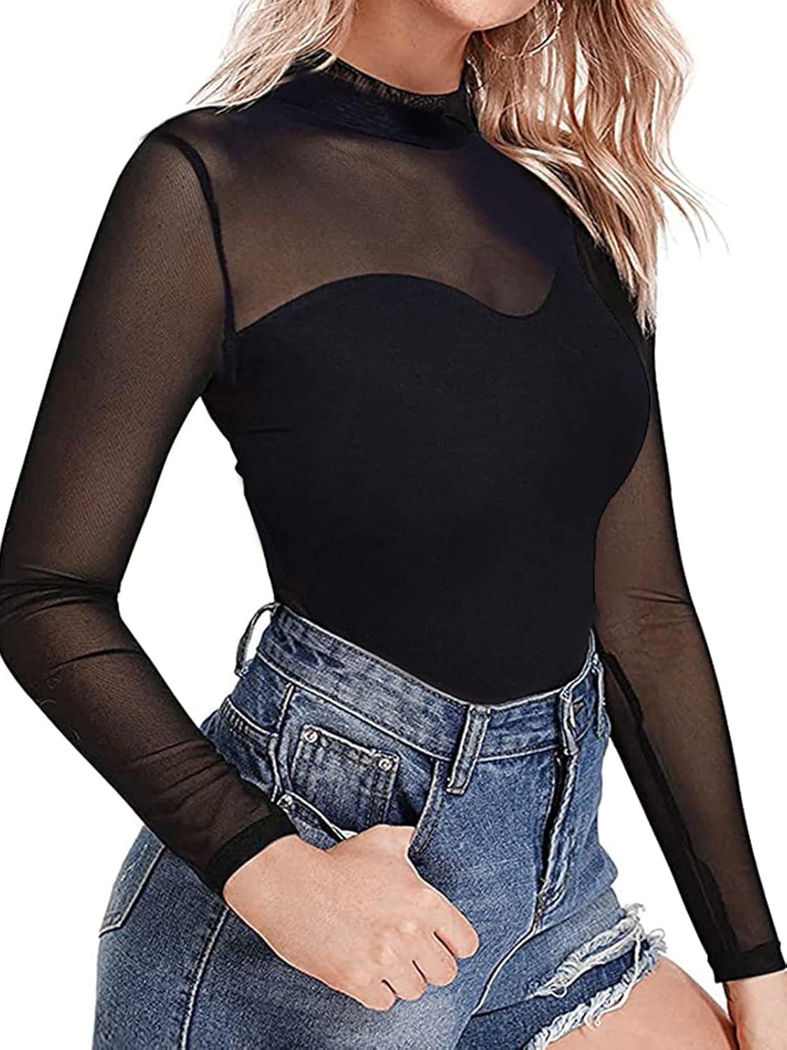 Women's See Through Mesh Tops - Long Sleeve Mock Neck Sheer Tee Top Casual Club Party T Shirts - Image 3