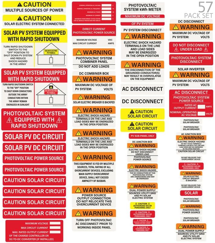 Photovoltaic Solar System Installer Label Kit | 57 Pack | 2020 | 2017 Code | Electrical Panel Safety | PV Warning Set | Caution Solar Circuit | Made in USA