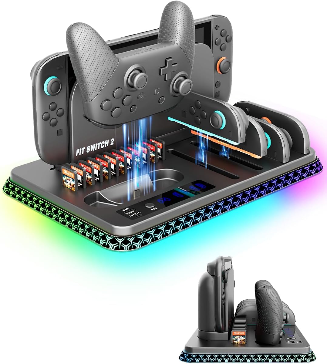 Switch 2 Charging Station with Game Card Holder & RGB Lights - All-in-One Organizer for 4 JoyCons & 1 Pro Controller, Fast Charging, Smart Protection, for Nintendo Switch 2 Accessories