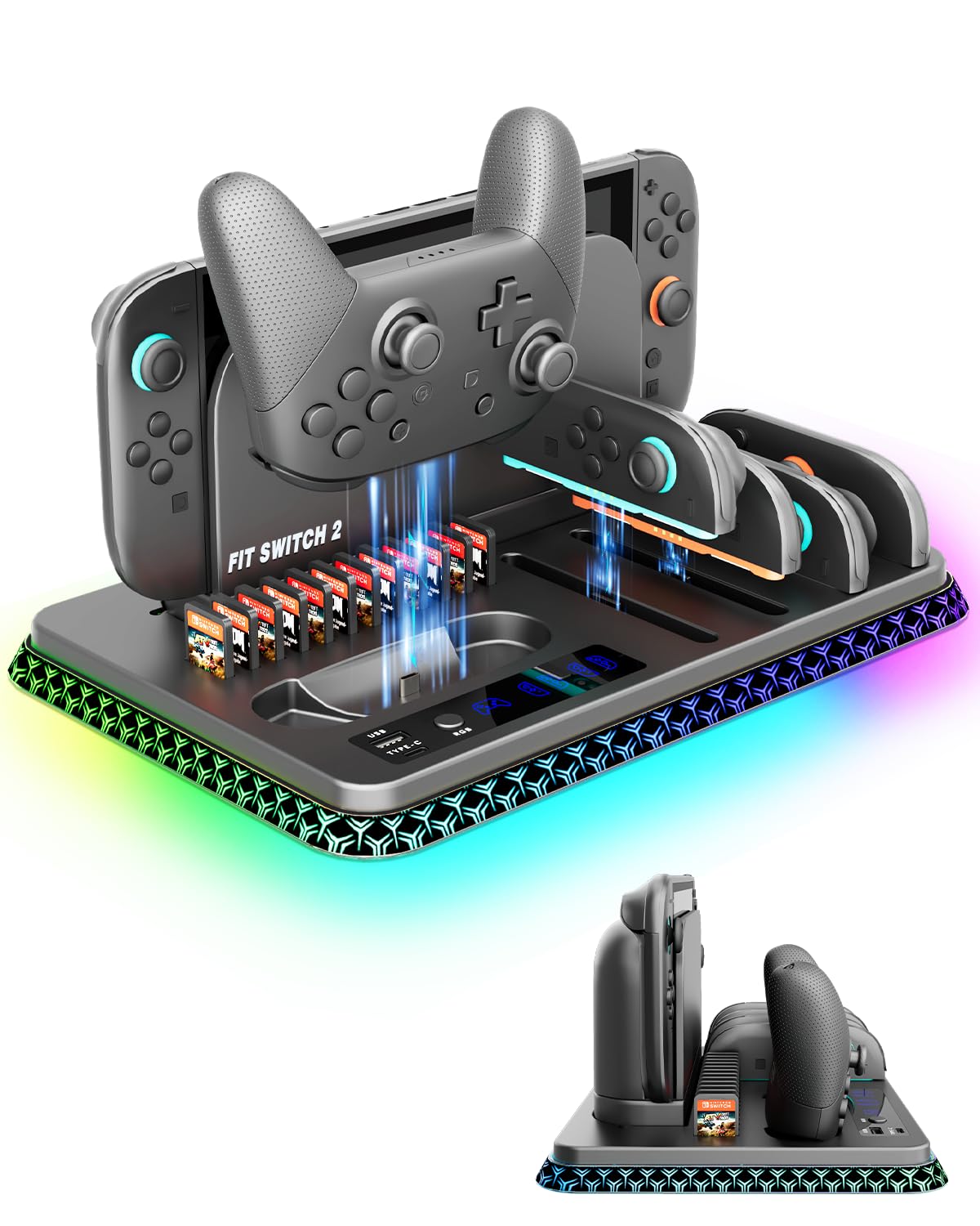Switch 2 Charging Station with Game Card Holder & RGB Lights - All-in-One Organizer for 4 JoyCons & 1 Pro Controller, Fast Charging, Smart Protection, for Nintendo Switch 2 Accessories