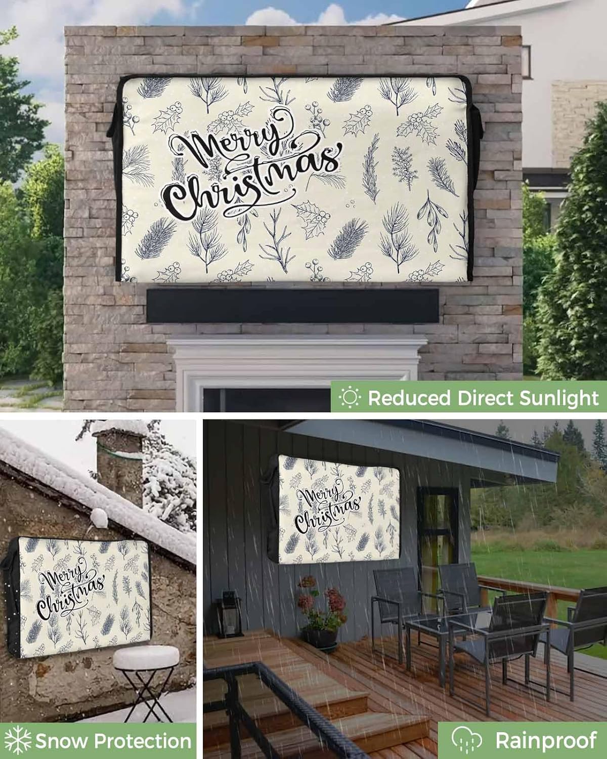 Christmas Pine Branch Outdoor TV Cover 52"-55" - 600D Waterproof TV Cover Weatherproof TV Screen Protector Dustproof Winter Botanical Xmas Plants Beige TV Display Protector for Outside Flat Screen TV