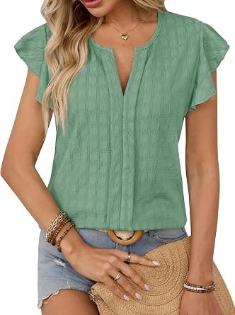 Clarisbelle Womens Summer V Neck Short Sleeve Tops Dressy Elegant Ruffle Casual Shirts
