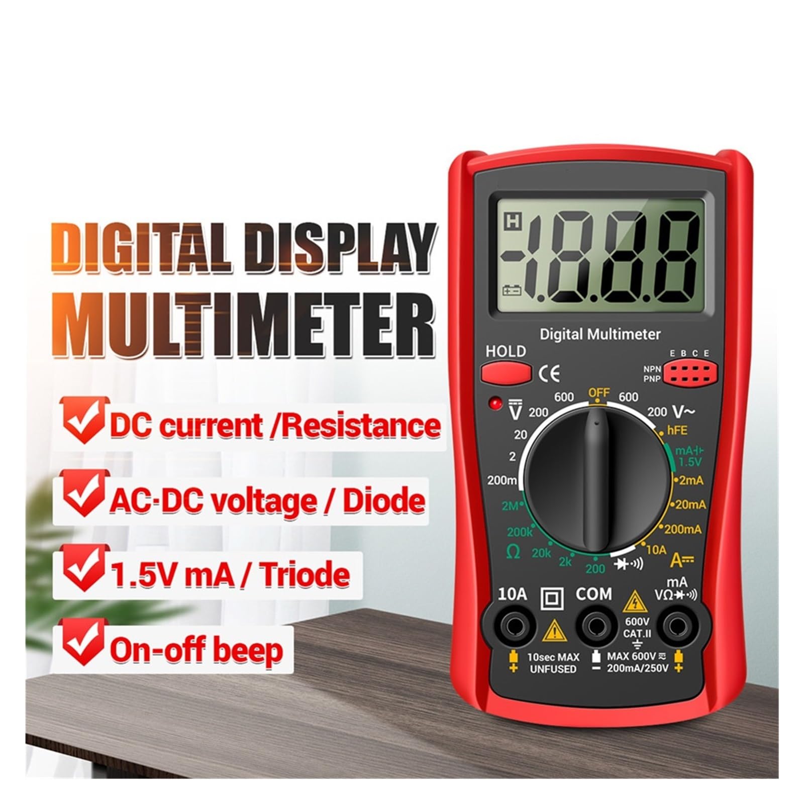 Tester Multimetru 2000 Liczy Inteligentny Multimetr Przenośny AC DC Tester Woltomierz Amperomierz Ohm Napięcie Prądu Rezystancja Miernik Częstotliwości Precyzja Bezpieczny(Red)