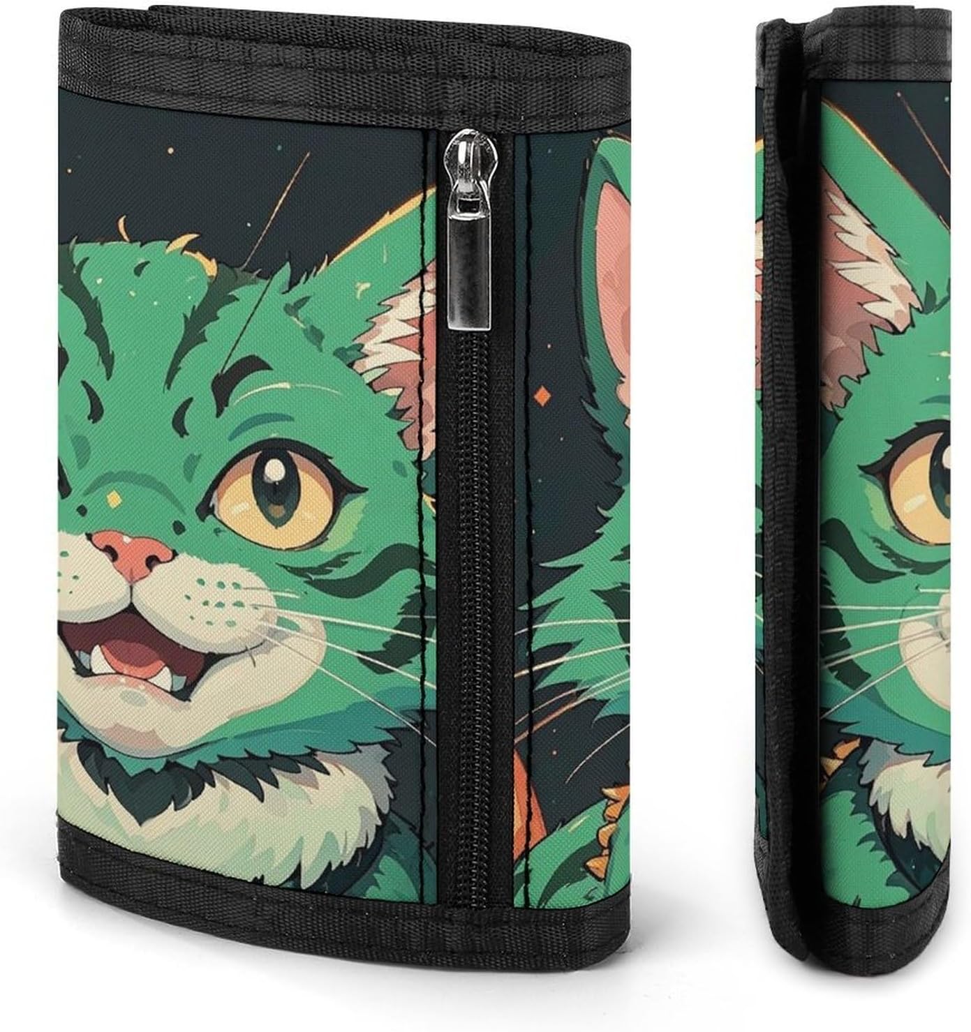 Anime Green Cat Wallet for Men, Extra Capacity Trifold Wallet for Women, Foldable Money Clip with ID Window for Pocket, Credit Card Holder, Personalized Wallets for Travel image 3