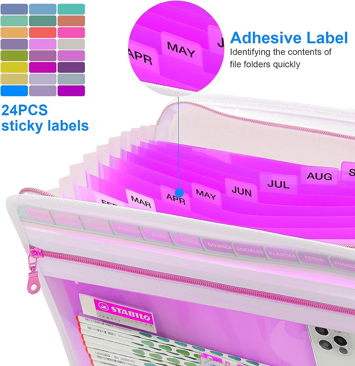 CCidea Expanding File Folder with 13 Pocket, Zipper Closure Accordion Document Organizer,Letter A4 Paper Document Accordion Folder(Pink)