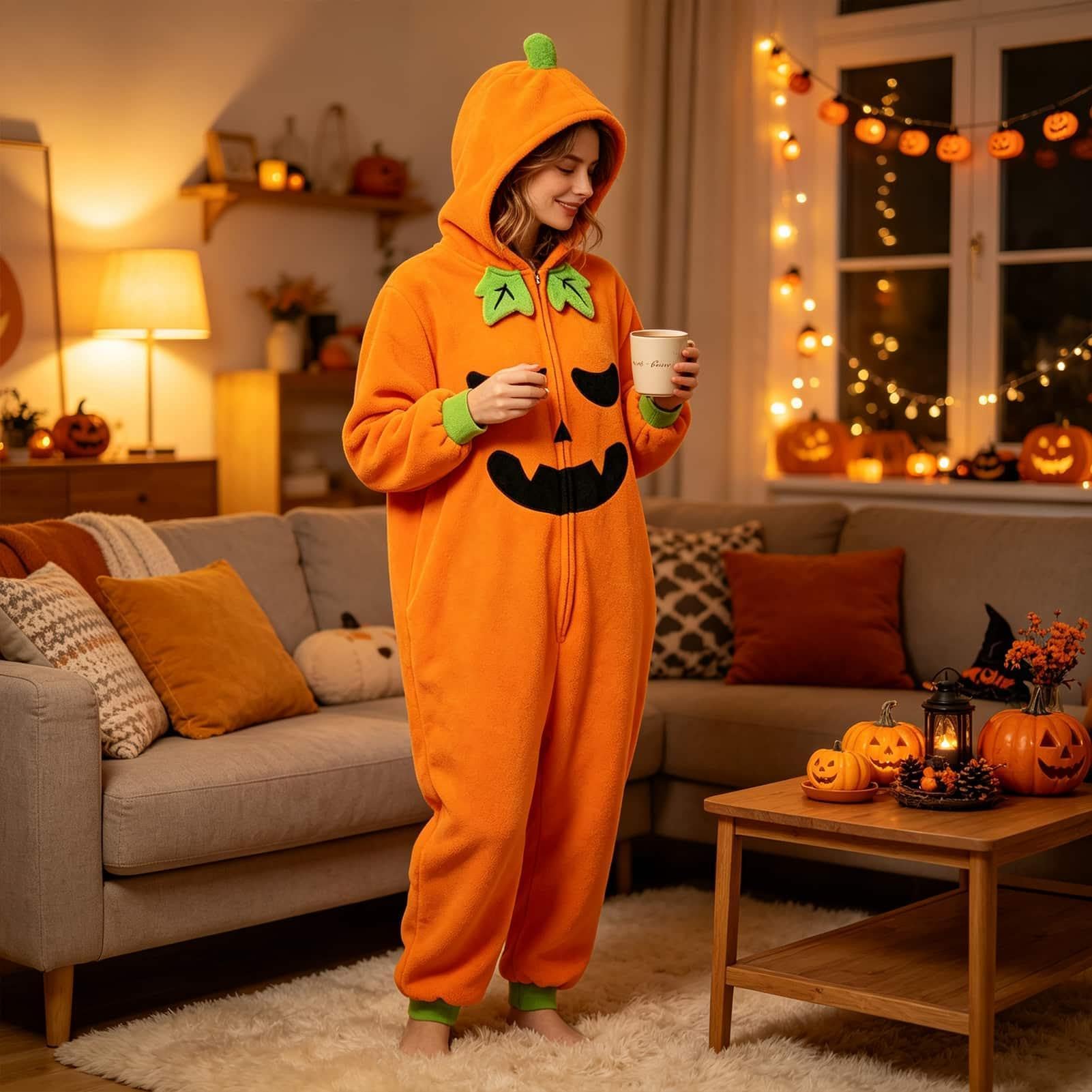 Tuta intera per Halloween, con cappuccio, per adulti, in peluche, comoda | Tuta intera oversize per bambini, adulti, donne, uomini, feste di Natale, palcoscenico, feste in maschera, casa