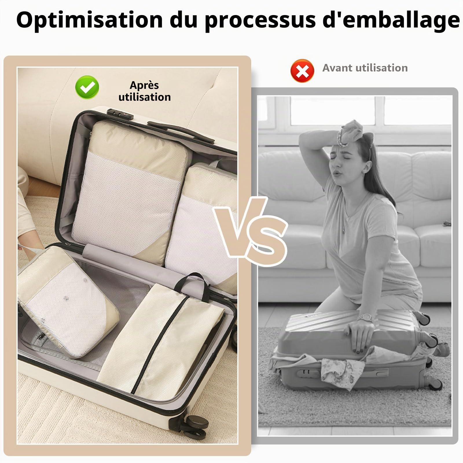 9 Pièces Organisateur de Voyage,Packing Cubes Compression,Organisateur Valise,per Vêtements, Chaussures et Cosmétiques,rangement valise organisateur.(Beige)
