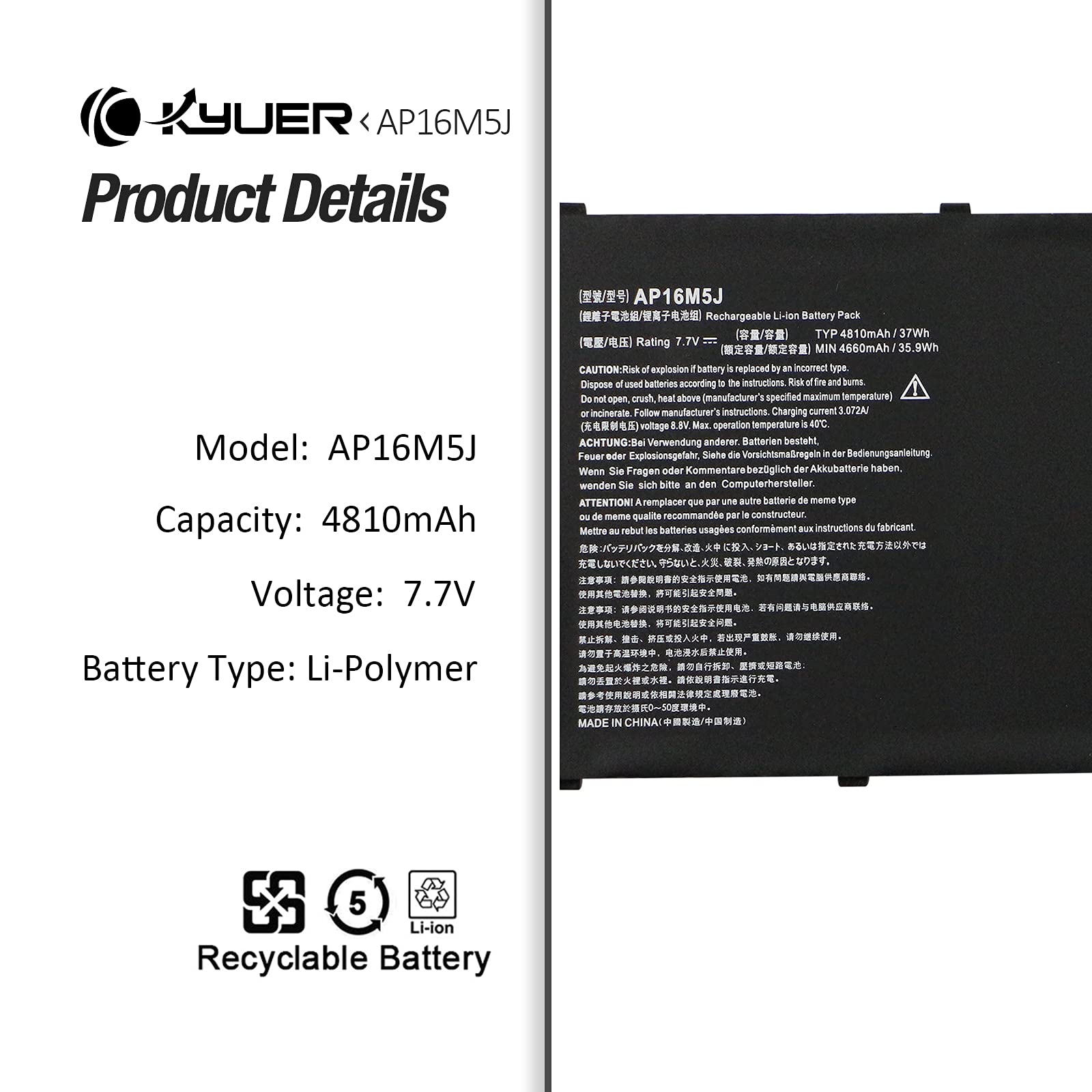 AP16M5J Laptop Batterie pour Acer Aspire 1 A114-31 A114-32 Aspire 3 A314-31 A314-32 A314-41 A315-21 A315-21G A315-23 A315-23G A315-31 A315-32 A315-51 A315-53 A315-53G A317-32 A114-31-C4HH A114-31-C0GD