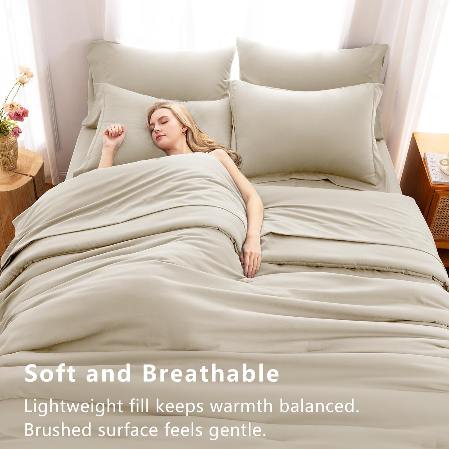 CozyLux Full Comforter Set Oatmeal, 7 Pieces Bed in a Bag Soft Bedding Comforter Set with Sheets, All Season Boho 7PC Bed Sets with Comforter, Fitted Sheets, Flat Sheets, Pillow Shams and Pillowcases - Image 5