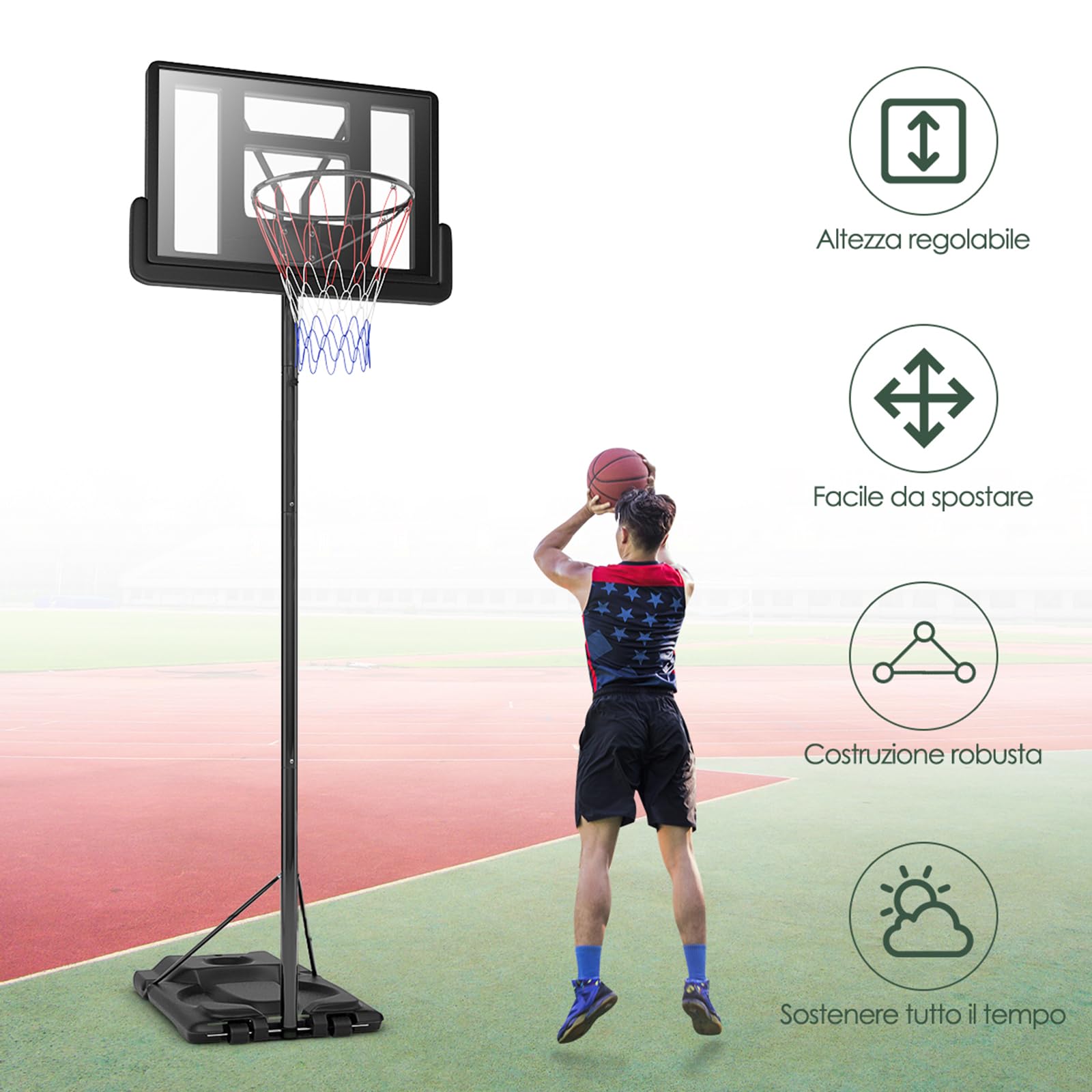 COSTWAY Canestro da Basket Portatile e Regolabile 180-305 cm, Canestro da Basket da Esterno ed Interno con Tabellone Resistente, Rete di Nylon e Base Riempibile, Ideale per Adolescenti e Adulti