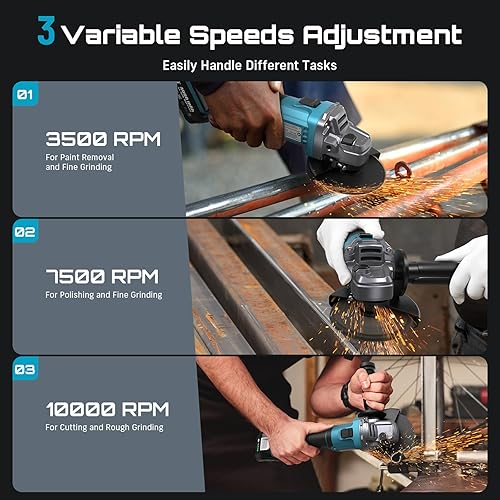 Miniatura 4 de SEESII Amoladora angular inalámbrica de 4-12 pulgadas, herramienta de amoladora de batería sin escobillas de 21 V con 2 baterías de 4.0 Ah, 10000