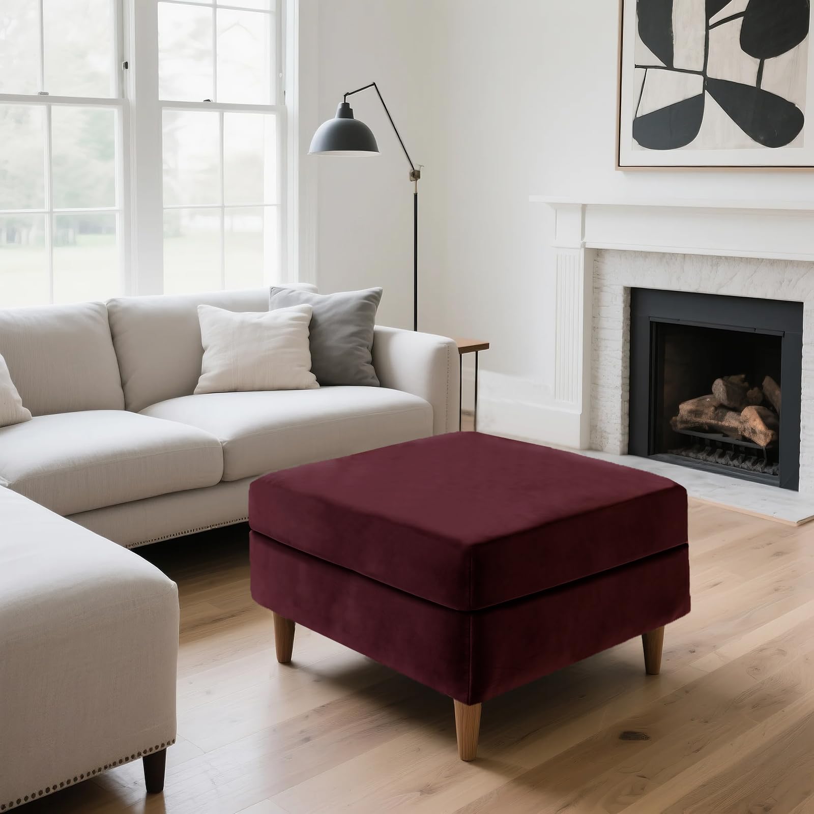 SYLC Ottoman Cover Stretch Velvet, Footstool Cover and Pouffe Cover Non-slip with Elastic Bottom/ties, Slipcover for Folding Storage Poofy Foot Stool (Wine red,Square-L Ottoman+Seat)